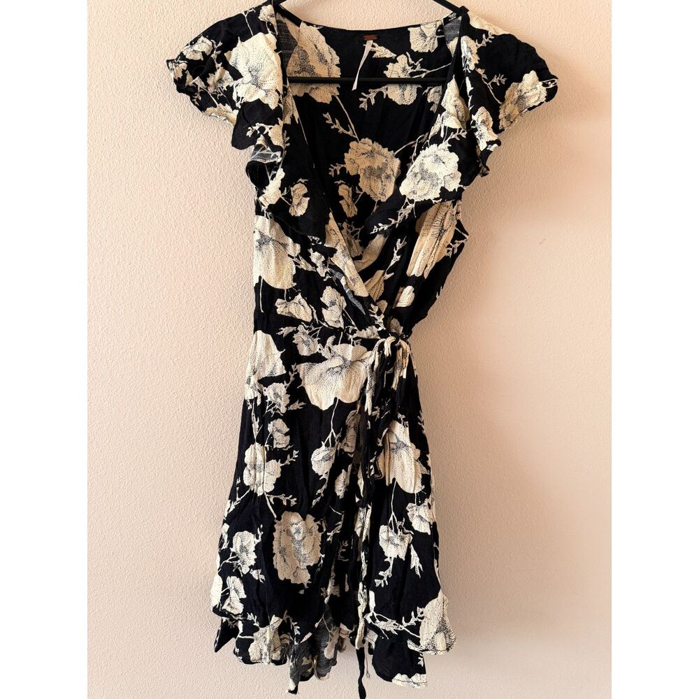 Free People Call Me Floral Wrap Mini Dress - Black & Cream (Size Extra Small)